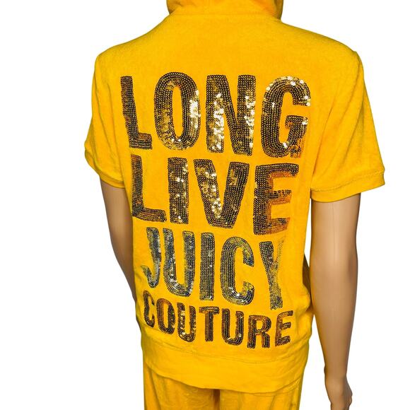 Vintage Y2K Juicy Couture sequin french terry hoodie track pant set L yellow - Picture 11 of 16